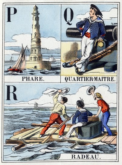 Letras P como Farol, letra Q como Quartier Maitre, letra R como Jangada. Abecedário da Marinha de 16 páginas contendo um alfabeto em letras maiúsculas. Imagem epinal, final do século XIX. Gravuras em madeira estampada Dim: 21x14,5cm de French School