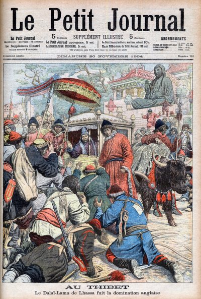 13º Dalai Lama de Lhasa (Thubten Gyatso) (1876-1933) fugindo do domínio inglês no "Le Petit Journal" de 20 de novembro de French School