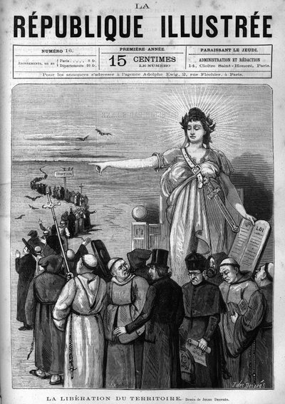 Libertação do território: a República Francesa expulsa congregações religiosas não autorizadas do território francês, seguindo os decretos de março de 1880 tomados por Jules Ferry e privando-as do direito de ensinar. Um jornal. Gravura a partir de 1880 em  de French School