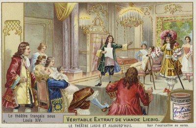 Cartão Liebig apresentando teatro francês durante o reinado de Louis XIV de French School