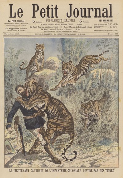 Tenente Gauthret da infantaria colonial francesa devorada por tigres em Annam de French School