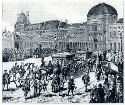 A vida sob Luís XV: o rei chegando ao Palais des Tuileries, onde a rainha e o golfinho o esperam - em "Paris através dos séculos" de Gerouillac de French School