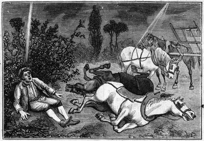 Relâmpago: Um homem encontra sentado debaixo de um arbusto, ao lado dos seus quatro cavalos mortos. de French School