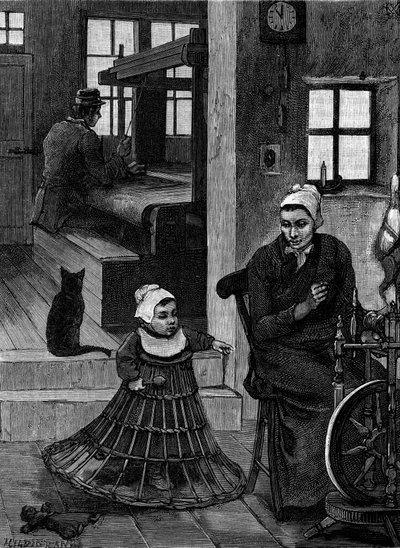 Linho: interior de tecelão com tecelão e roda giratória. Gravura em "Le Journal de la jeunesse". de French School
