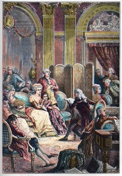 Salão de Ninhada - Leitura de "Paul and Virginie" de Jacques-Henri Bernardin de Saint-Pierre (Saint Pierre) nos salões da Madame Necker em Paris - ao lado de Mme Necker seu marido Jacques Necker e sua filha Germaine, mais tarde, Mme de Stael - Palestra de French School