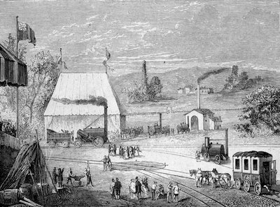 Concurso de Locomotivas realizado em Liverpool, outubro de 1829 - no "Álbum de Ciências; ilustres estudiosos; Grandes Descobertas" 1896. de French School