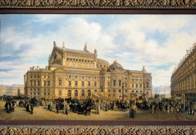 A Ópera de Paris construída por Charles Garnier, vista da Rue Auber (óleo sobre tela) de French School