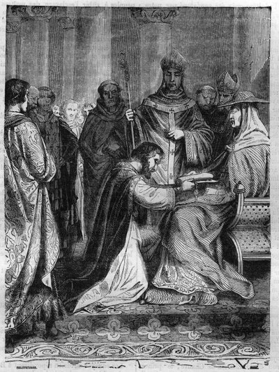 Lotharia I (795-855) aos pés do Papa Adrien II (792-872). Gravura no "Histoire des Papes-Rois-Queen and Empereurs a travessa les centuries" de Maurice Lachatre de French School
