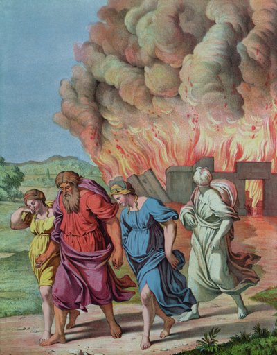 Muitas esposas olham para Sodoma e se transformam em um pilar de sal, ilustração para um catecismo de French School