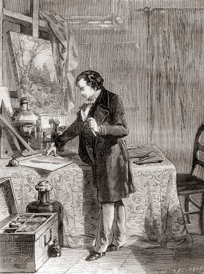 Louis-Jacques-Mandé Daguerre inventando o processo fotográfico do daguerreótipo no século XIX, de Les Merveilles de la Science, publicado por volta de 1870 (gravura) de French School