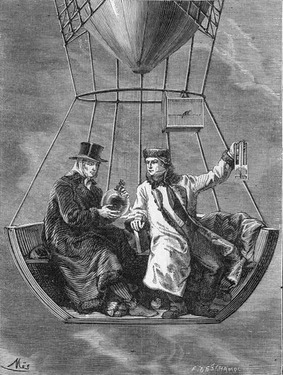 Louis-Joseph Gay-Lussac (Louis Joseph Gay Lussac) e Biot fazem experimentos de física a 4.000 metros de altura - em “Album de la Science; cientistas ilustres; Grandes descobertas ”” ”1896. de French School