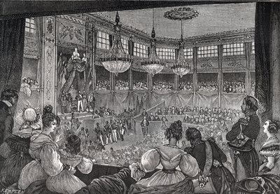 Louis-Philippe I é empossado como rei perante a Câmara dos Deputados, 9 de Agosto de 1830 - Revolução de 1830: "O Rei Luís Filipe I (1773-1850) presta juramento de manter a Carta de 1830 na presença das câmaras reunidas na sala provisória do Pa de French School