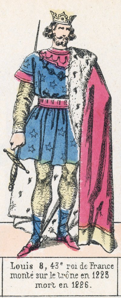 Luís 8, 43º rei de França, subiu ao trono em 1223, morreu em 1226 (gravura colorida) de French School