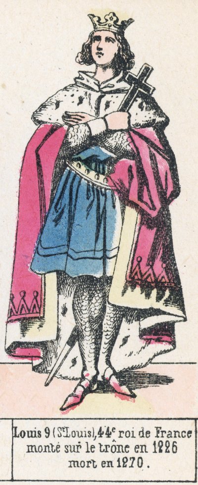 Luís 9 (São Luís), 44º rei da França, ascendeu ao trono em 1226, morreu em 1270 (gravura colorida) de French School