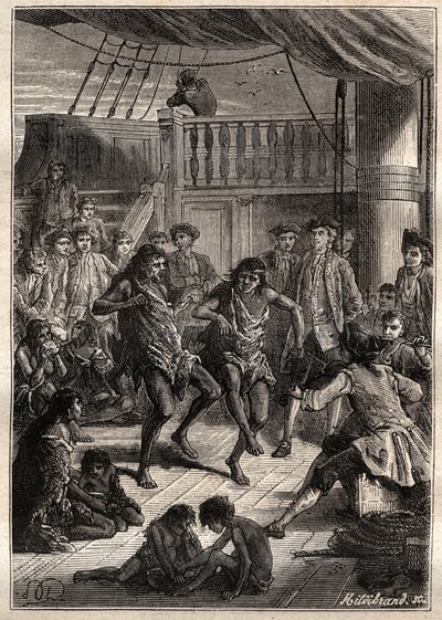 Louis Antoine, Conde de Bougainville (1729-1811) recebeu os habitantes da Baía de Fortescue (Detroit de Magalhães) no seu barco "La Boudeuse" em 1768 - ilustração de "The Great Mariners of the 18th century". de French School