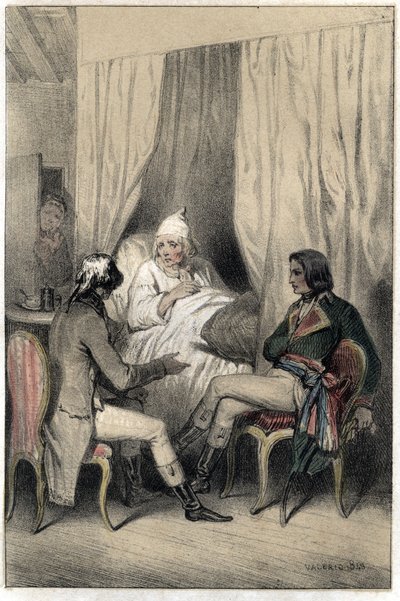 Louis Antoine Fauvelet de Bourienne (1769-1834), diplomata e administrador francês, e o General Napoleão Bonaparte (1769-1821) pediram dinheiro a um velho capitalista doente para a campanha italiana. Prato retirado de "Scenes de la vie des hommes famous" g de French School