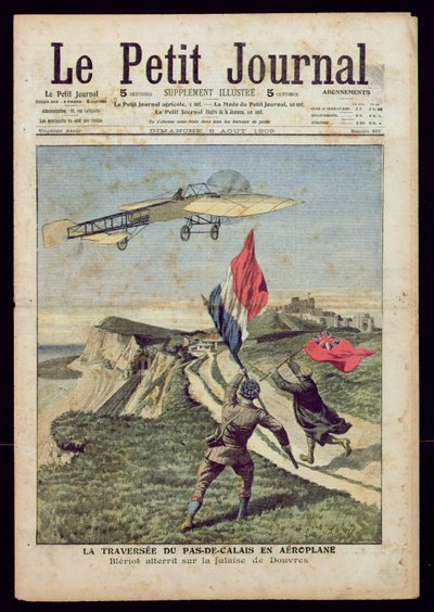 Louis Bleriot (1872-1936) desembarque em Dover, de &39;Le Petit Journal&39;, 8 de agosto de 1909 (gravura colorida) de French School