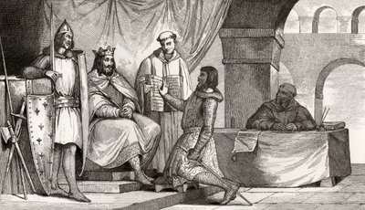 Luís II (848-79), o Gago recebe um juramento de lealdade de um nobre, de "Histoire de France" de Colart, publicado em 1840 de French School