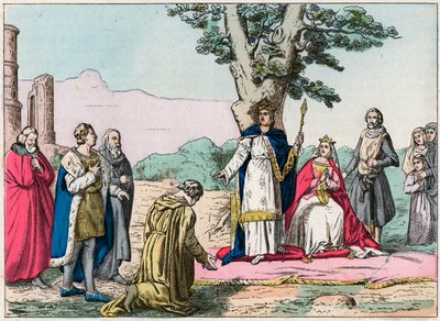 Luís IX, dit "Saint-Louis" (1214-1270) faz justiça a todos os seus súbditos no Bois de Vincennes - Saint Louis (1214-1270) faz justiça - Gravura do final do século XIX em "Nos Gires Nationales - Images et recits". de French School