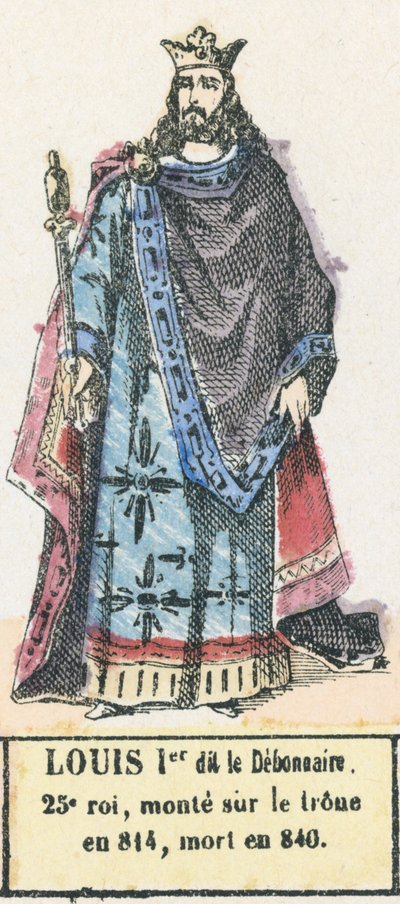 Luís I, conhecido como o 25º rei Debonair, subiu ao trono em 814, morreu em 840 (gravura colorida) de French School