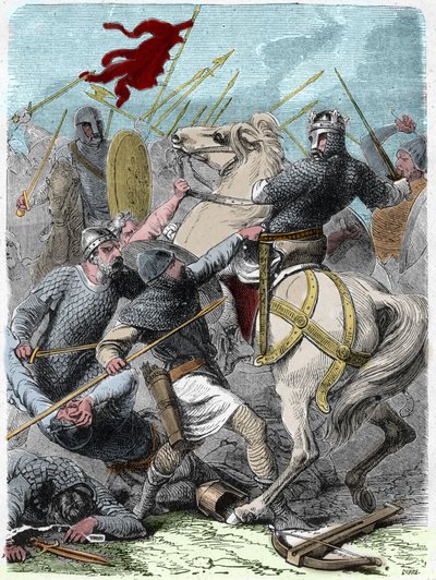 Louis VI disse "The Gros" (1081 - 1137), na batalha de Brenneville, tentou tirar a Normandia do Rei Henrique I de Inglaterra em 1119. Gravura em "Histoire De France En Cent Paintings de Paul Lehugeur "1891. de French School