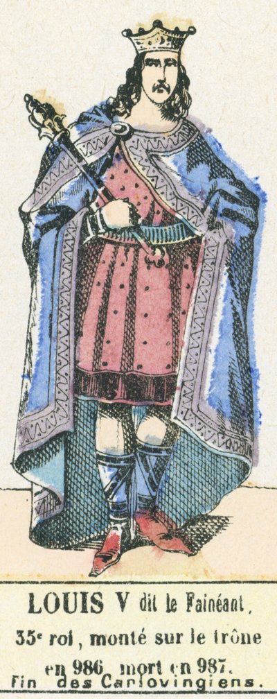 Luís V o Fainant, 35º rei, ascendeu ao trono em 986, morreu em 987, Fim dos Carlovingianos (gravura colorida) de French School