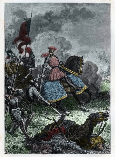 Luís XII na Batalha de Agnadel perto de Crema, na Lombardia, ganha pelo Rei sobre os Venicianos em 14 de Maio de 1509 - Batalha de Agnadello - Luís XII da França derrota os venezianos - gravura de "L