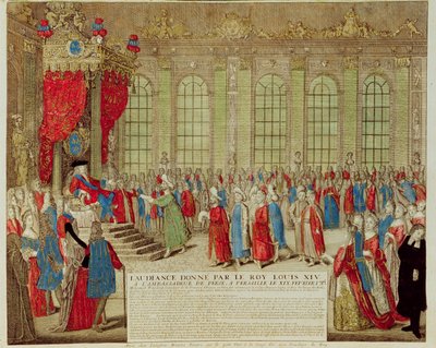 Luís XIV (1638-1715) recebe o embaixador persa Mohammed Reza Beg na Galerie des Glaces em Versalhes, em 19 de fevereiro de 1715 de French School