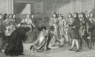 Luís XIV (1638-1715), o Rei Sol, apresenta seu neto Philippe V (1683-1746) aos enviados espanhóis, da "Histoire de France" de Colart, publicado em 1840 de French School