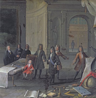 Luís XIV participando de uma aula de seu bisneto, o futuro Luís XV, c.1715 de French School