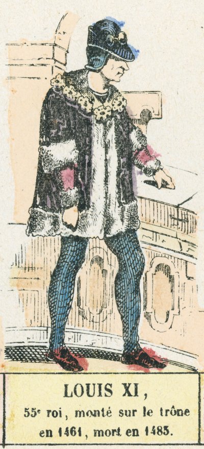Luís XI, 55º rei, subiu ao trono em 1461, morreu em 1483 (gravura colorida) de French School