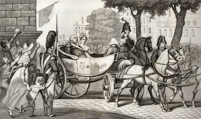 Luís XVIII (1755-1824) entra em Paris na Restauração de 1814, de &39;Histoire de France&39; por Colart, publicado em 1840 de French School