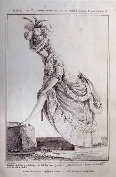 Louis XVI moda: um retrato de pé de uma jovem mulher com um vestido polaco em tafetá às riscas. Gravura de 1778. Paris, artes decorativas de French School