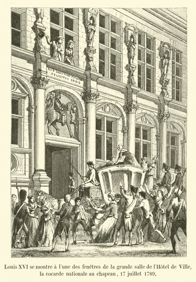 Luís XVI se mostra em uma das janelas do grande salão do Hotel de Ville, o cocar nacional do chapéu, 17 de julho de 1789 de French School