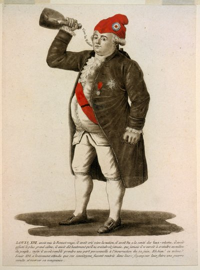 Luís XVI usando o boné vermelho, gritando "Viva a Nação", pub 1792 (gravura colorida à mão) de French School