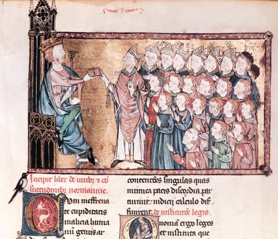 Luís X (1289-1316), o teimoso dando a carta aos normandos, de Le Grand Coutumier de Normandie, c.1340 de French School