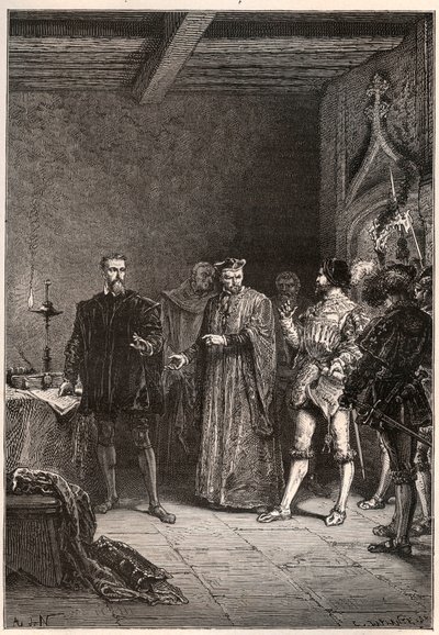 Louis de Berquin (1485-1529), cavaleiro e humanista, reformador religioso, libertado por Jean de la Barre (1523-1533) prevot de Paris - Louis de Berquin (à esquerda) libertado da prisão por John de la Barre - gravura de "L