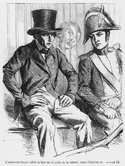 Lucien de Rubempre e Vautrin presos, ilustração de Splendors and Miseres of Courtesans por Honore de Balzac, publicada em 1867 de French School