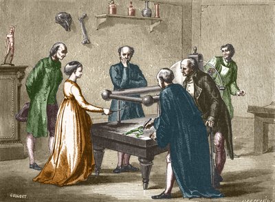 Luigi Galvani, professor em Bolonha, descobriu, em 1780, a irritabilidade dos músculos da rã pela eletricidade - em “Álbum da Ciência; cientistas ilustres; Grandes descobertas ”” ”1896. de French School
