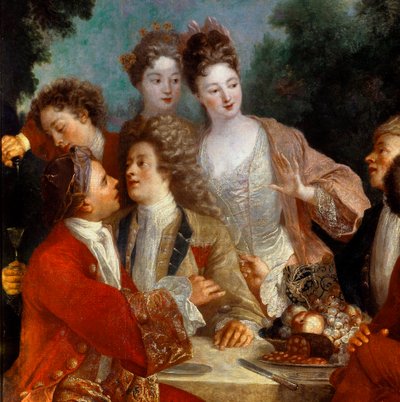 Almoço no Parc Des nobles, num banquete de campo. Pormenor da pintura da escola francesa do século XVIII. Museu de Belas Artes de Orleans de French School