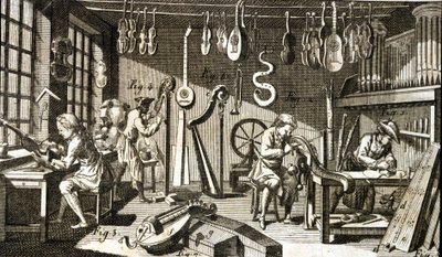 A oficina do Luthier. Gravura - em Enciclopédia de Diderot e Alembert de French School