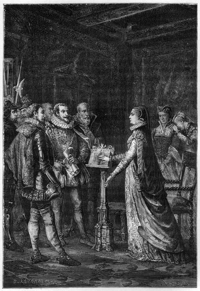 MARY STUART (1542-1587) Rainha dos Escoceses. Mary Stuart jurando que nunca conspirou para tirar a vida da Rainha Isabel I de Inglaterra - gravura de "L