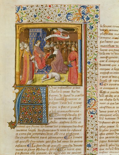 MS 246 f.1r Raoul de Presles Apresentando sua tradução a Charles V (1338-80) de La Cité de Dieu por Santo Agostinho, traduzida por Raoul de Presles (1316-82) c.1400-50 de French School