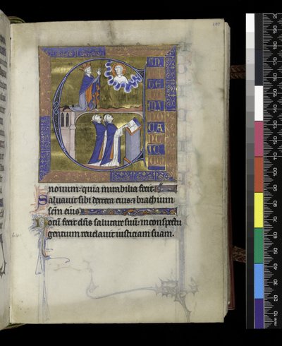 MS 300 f.107r, David reza a Deus (acima), dois clérigos (abaixo), do Saltério e Horas de Isabel de França, Paris, c.1265-70 (caneta e tinta e têmpera em pergaminho) de French School