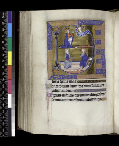 MS 300 f.125v, David ora a Deus (acima); Deus com orbe e Cristo com livro sentado no banco (abaixo), do Saltério e Horas de Isabel de França, Paris, c.1265-70 (caneta e tinta e têmpera em pergaminho) de French School