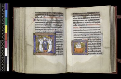 MS 300 f202v-203r, Suffrage to St Denis e Suffrage to St Eustace, do Saltério e Horas de Isabel da França, Paris, c.1265-70 de French School