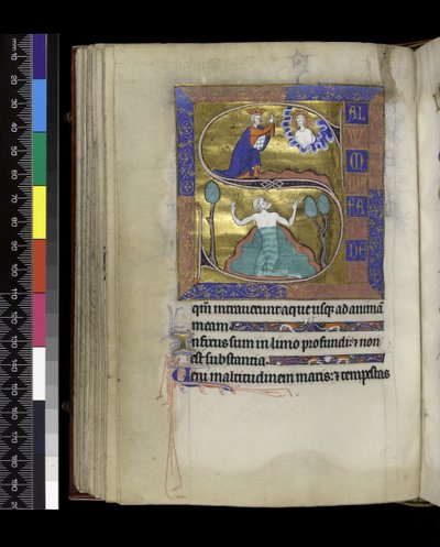 MS 300 f.70v, David reza a Deus (acima), David afunda na água (abaixo), do Saltério e Horas de Isabel de França, Paris, c.1265-70 (caneta e tinta e têmpera em pergaminho) de French School