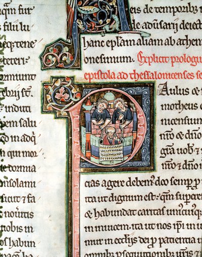 MS 3 Fol. 291v A fuga de São Paulo de Damasco, iluminada letra inicial P, do século 13, da Bíblia Avranches de French School