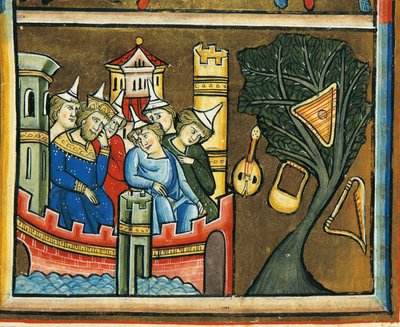 MS CXXXVII fol. 139v, Judeus de luto na Babilónia, do Saltério de Santa Isabel (tempera e folha de ouro sobre velo) de French School