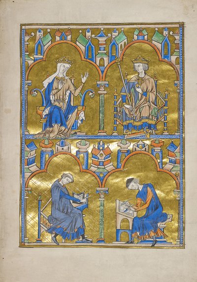 MS M.240 f.8r, Blanche de Castela e Rei Luís IX da França e abaixo: Autor Ditando para um Escriba, Bíblia de São Luís (Bíblia moralizada), provavelmente Paris de French School